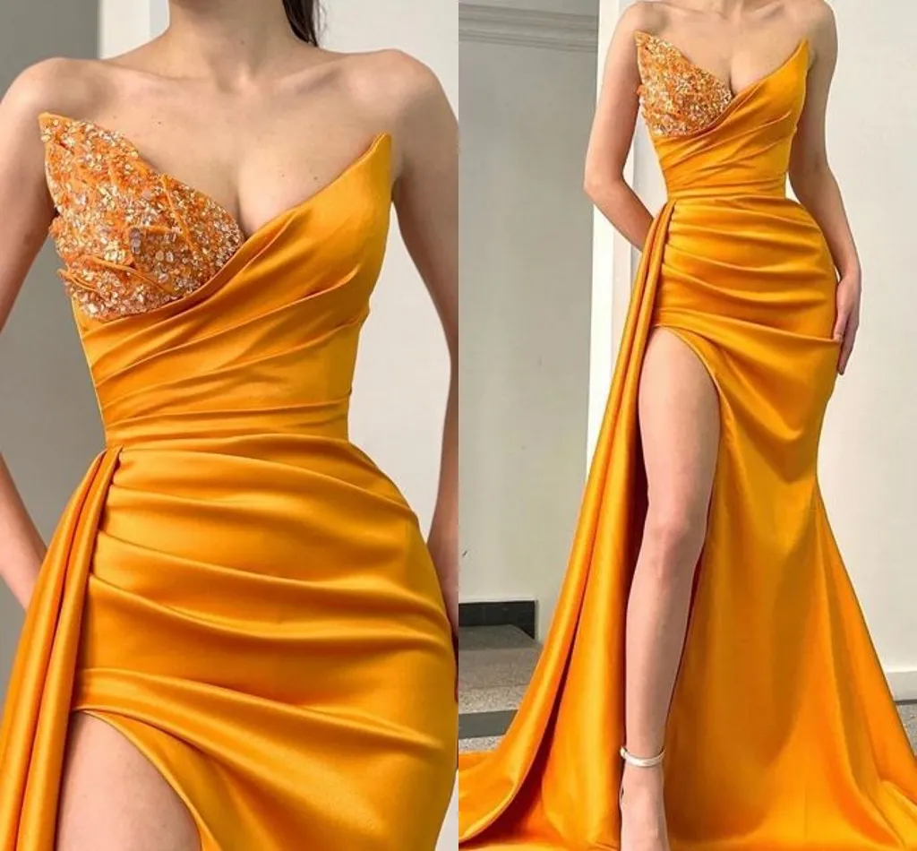 

2023 Orange Prom Dresses Mermaid Beaded Sequins Side Slit Sweep Train Crystals Custom Made Ruched Evening Party Gowns vestidos Formal Occasion Wear, Chocolate
