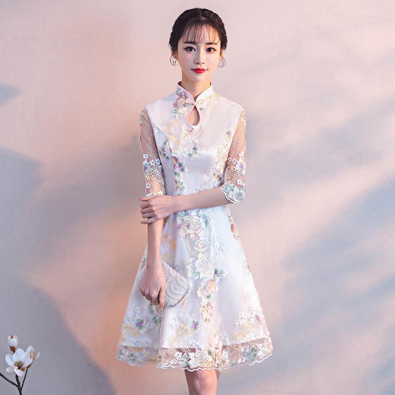 

Casual Dresses Modified Cheongsam Little Fragrant Dress 2022 Winter Short Girl Dignified Elegant Lace Thin And Retro Sleeveless, Lavender