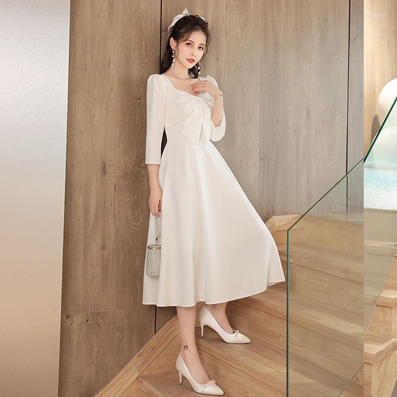 

Casual Dresses White Bow Elegant Woman Party Night Vintage A-line Solid Color Mid-calf Square Collar Spring Ladies Vestido Longo -XXL