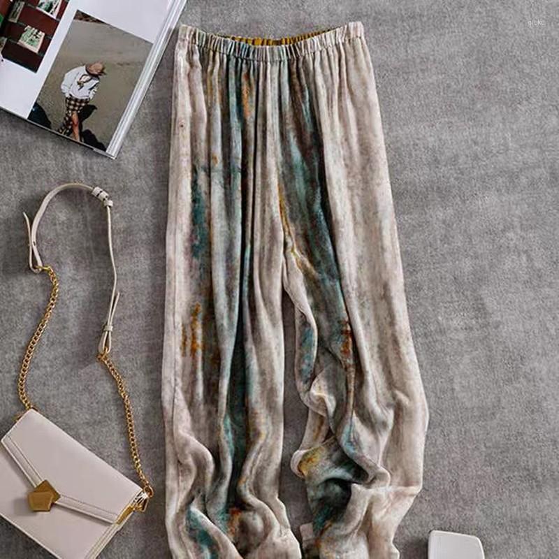 

Women's Pants 2022 Arrival Summer Women Arts Style Tie Dye Print Full Length Casual Loose Elastic Waist Wide Leg P252, Blue