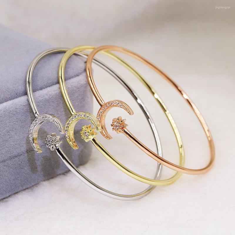 

Bangle Rhinestone Rose Gold Silver Color Fashion Simple Sparkling Star Moon Opening Bracelet For Women Jewelry Gift