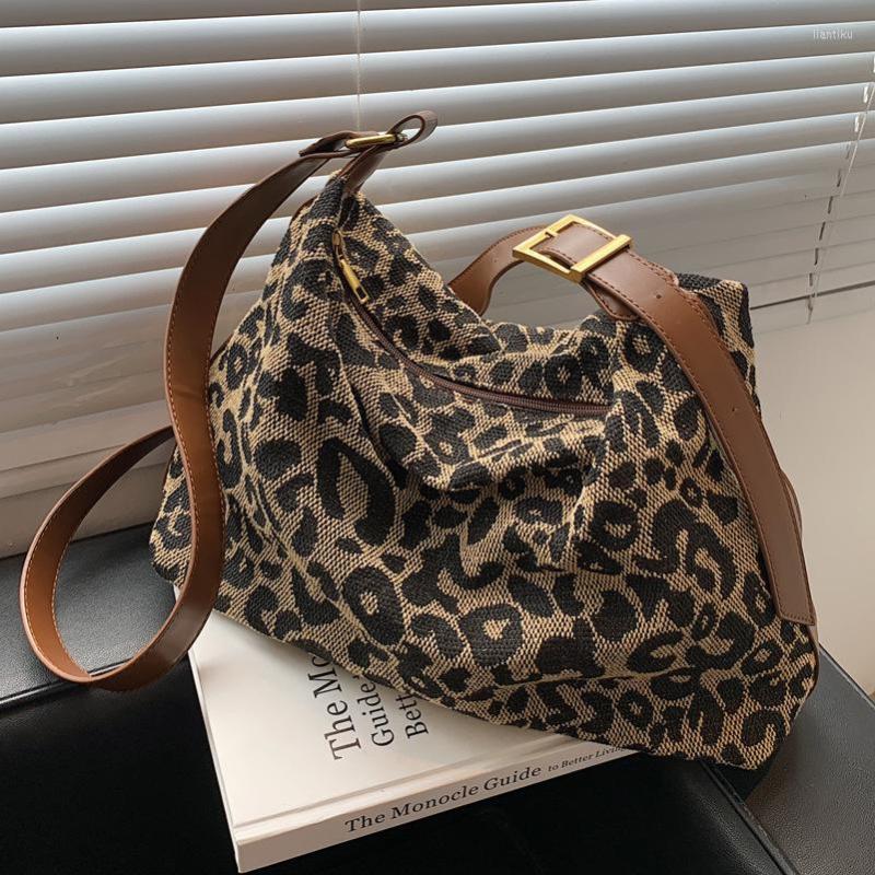 

Evening Bags Casual Women Shoulder Leopard Canvas Hobo Bag Female Large Capacity Messenger Soft Crossbody Handbag For, Black