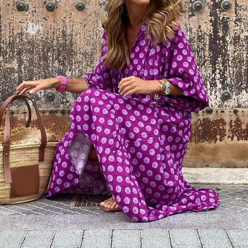 

Casual Dresses 2023 Women Dress Elegant Ankle-length V Neck Half Sleeve Floral Print Drawstring, Blue