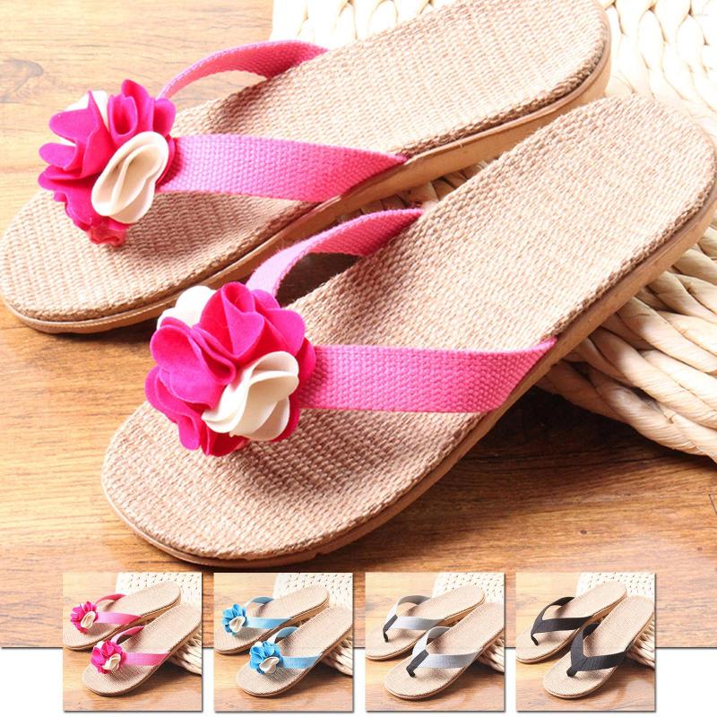 

Slippers Flax Linen Women Bohemia Floral Flip Flops Beach Shoes Sandals Casual Woman Non-slip Flats Female Flop Fashion #22, Bk