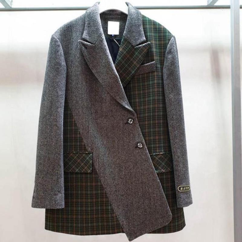 

Women' Suits Autumn Winter Palid Stitching Woolen Blazer Women Notched Button Straight Loose Small Suit, Gray