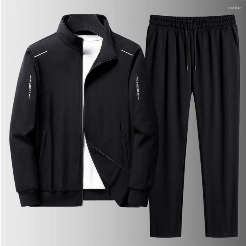 

Gym Clothing Stylish Letter Autumn Winter Ribbed Cuff Jacket Elastic Waist Pants Skin-touch Men For Daily Wear, Black