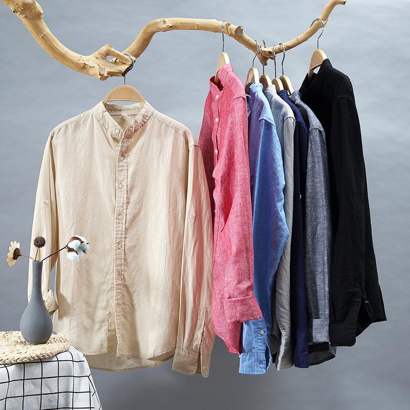 

Men's Casual Shirts 2022 Chinese Mandarin Collar Mens Linen Shirt Slim Classic Summer Stand Long Sleeve Holiday Solid White, Deep blue