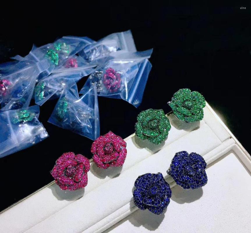 

Stud Earrings Rose Flower Earring Cute Romantic 23 24MM Blue Green Red Color 925 Sterling Silver Cubic Zircon Fine Women Jewelry
