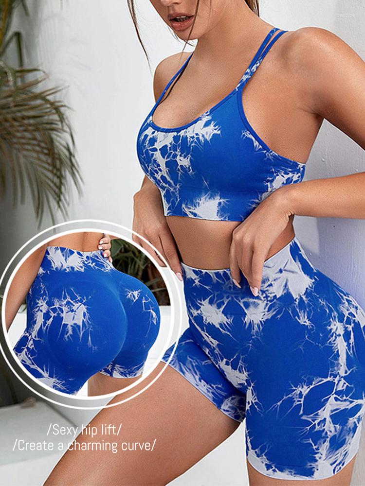 

Active Sets SALSPOR Tie Dye Yoga Set Sexy Women Hollow Sport Bra Seamless Brethable Workout Shorts 2PCS Slim Fitness Suit Gym Clothing, Blue
