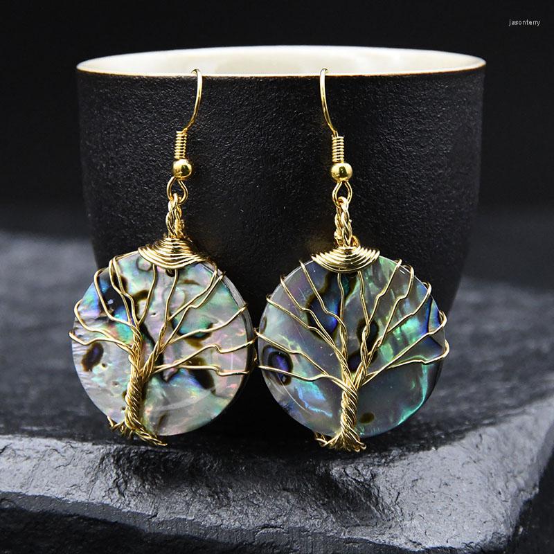 

Dangle Earrings Natural Abalone Shell Handmade Gold Wire Wrapped Hook Fashion Rainbow Color Tree Of Life Women Earring 5pcs/lot