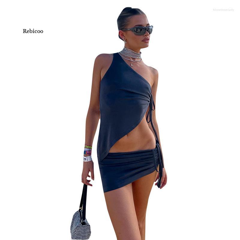 

Skirts 2022 Drawstring Dress Summer Sets Womens Outfits Sexy One Shoulder Crop Top And Mini Club Party, Blue