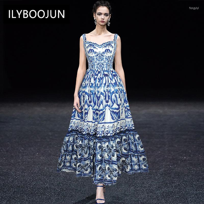 

Casual Dresses Elegant For Women 2022 Summer Runway Blue And White Fabric Porcelain Print Vacation Spaghetti Strap Long Suspender Dress