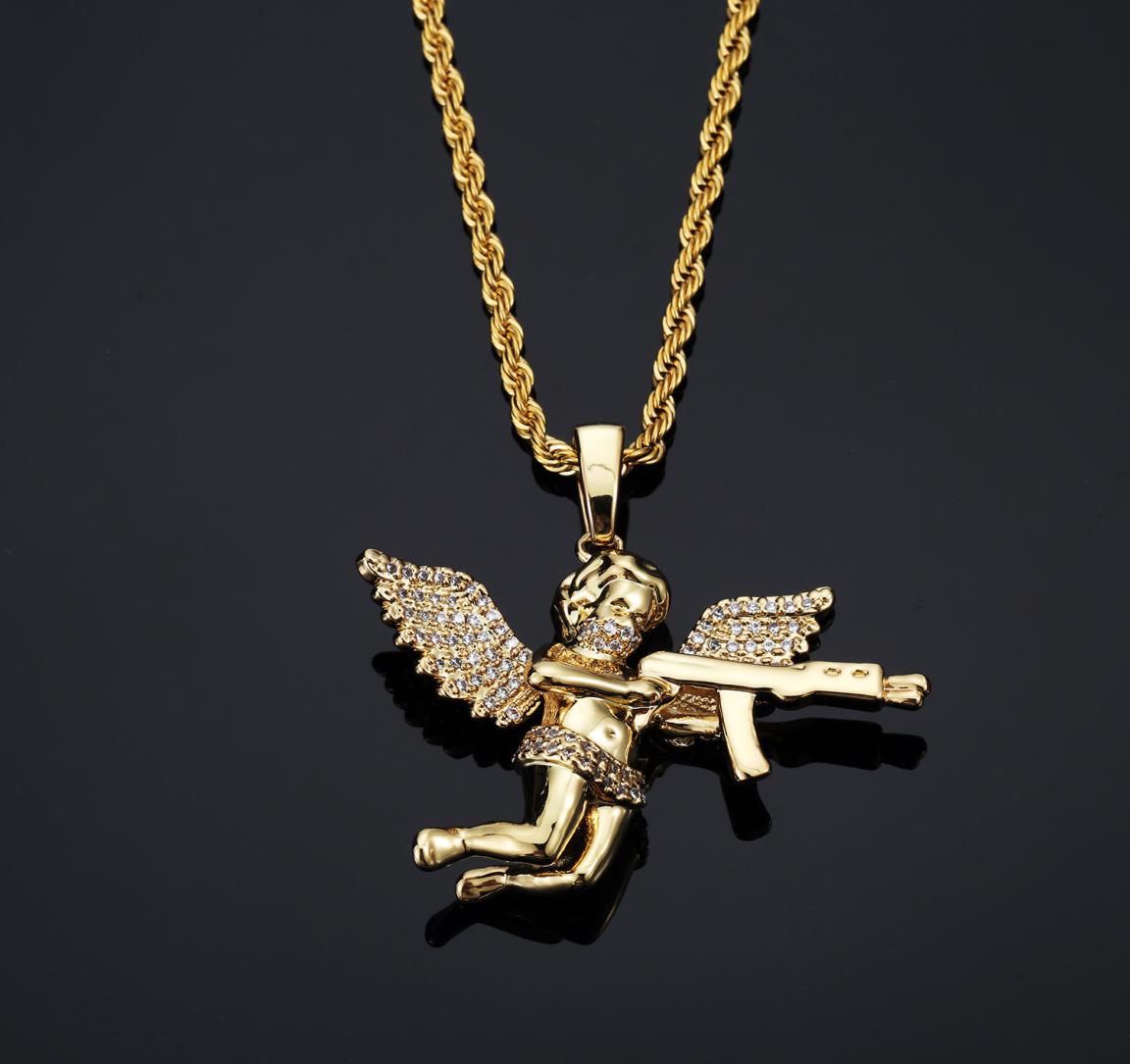 

Top Quality Jewelry Zircon GoldSilver Cute Angel Baby With Gun Pendant Necklace Stainless Rope Chain for Men Women9353688