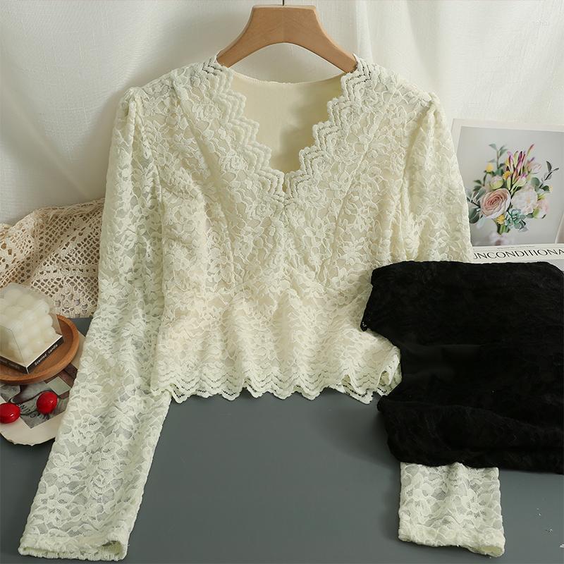 

Women's Polos 2022 Autumn And Winter Fashion Temperament V-neck Long Sleeve Women Tops Casual Solid Color Versatile Lace Female Top Korean