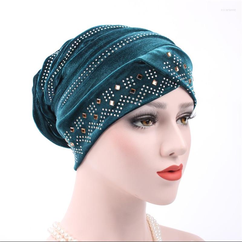 

Ethnic Clothing Muslim Toque Hat Turban Hijab Islamic Ladies Stretch Gold Velvet Drilling Folding Head Wrap Scarf 12Color