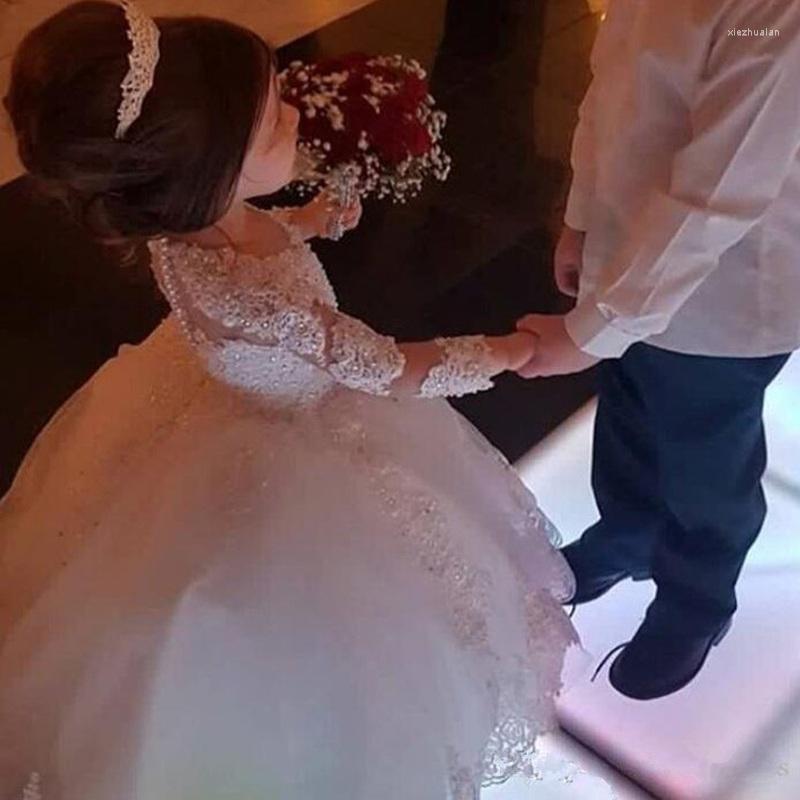 

Girl Dresses 3D Beading Lace Kids Flower For Weddings Tulle Princess Long Sleeve Holy First Communion Gowns Party Dress, Champagne