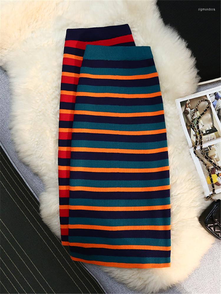 

Skirts Green Striped Knitted Women's Wrap 2022 High Waist Knitwear Ladies Sheath Pencil Midi Female Autumn Winter