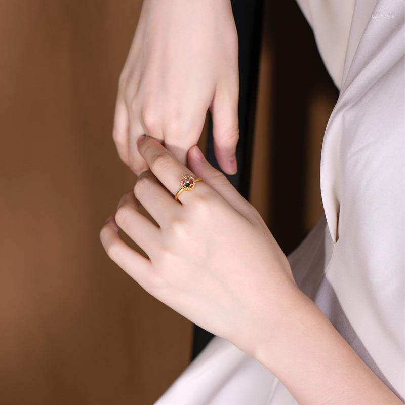 

Cluster Rings S925 Sterling Silver Gold-Plated Natural Tourmaline Retro Personalized Flower Ring Opening Rotatable Ornament Women's
