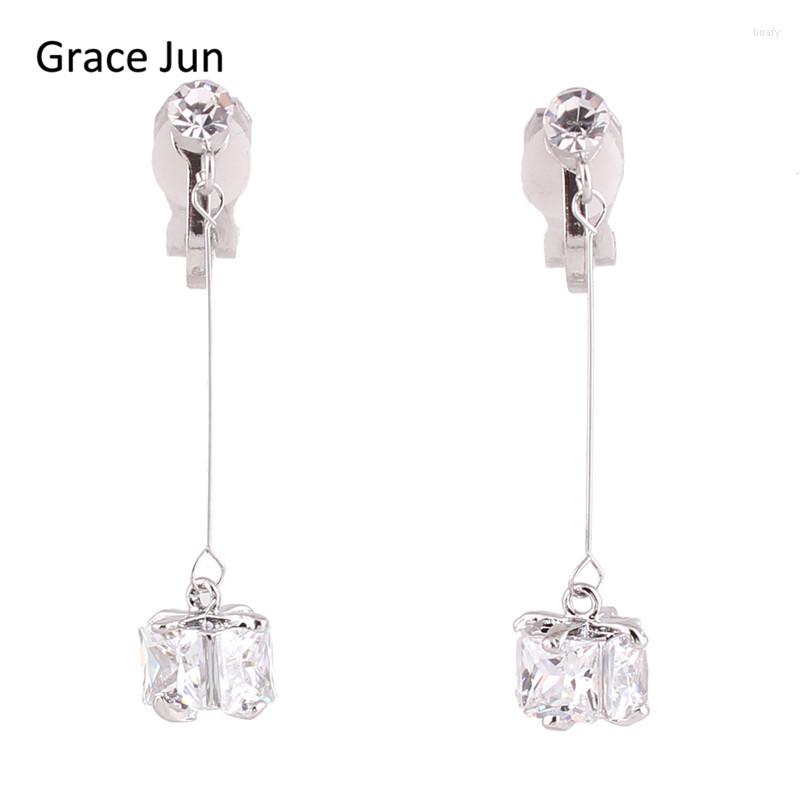 

Backs Earrings Grace Jun High-grade Full Cubic Zircon Long Clip On Non Piercing For Women Elegant Jewelry Pierced