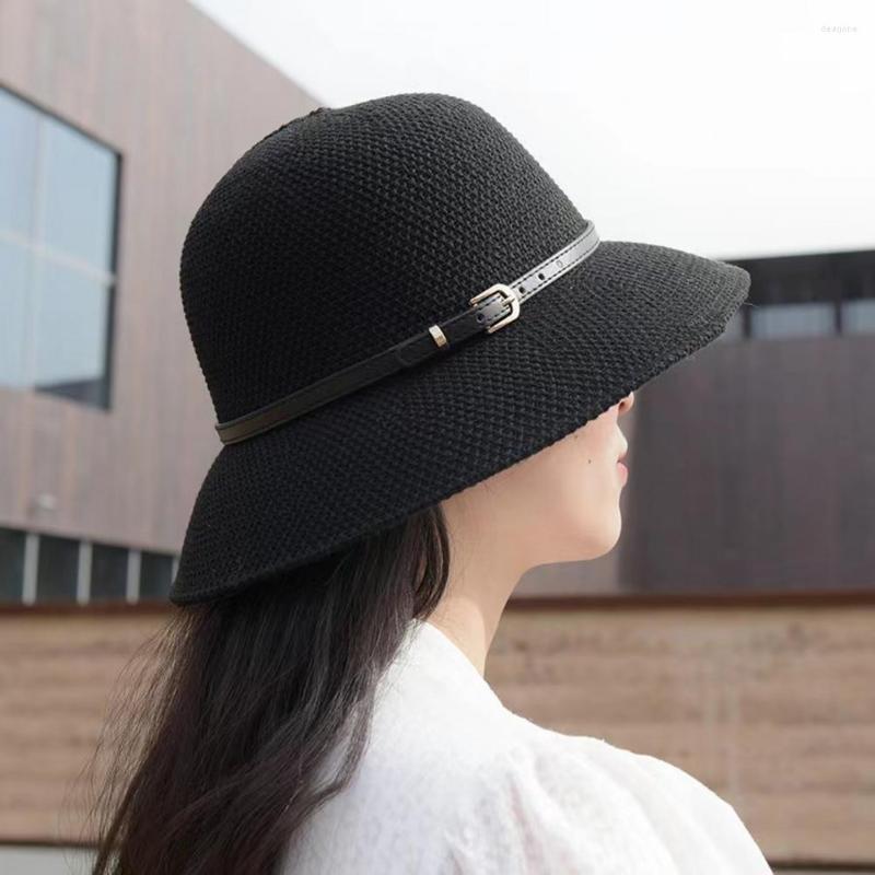 

Hats Women Sun Hat Wide Brim Breathable Round Comfortable Protection Bucket Belt Decor Fisherman For Street Wear, Brown