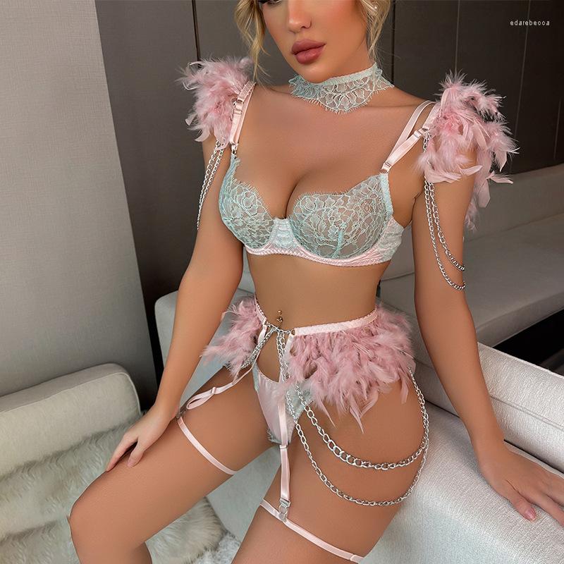 

Bras Sets Transparent Bra Panty Set Women See Through Feather Lenceria Femenina Push Up Lace Erotic Costume Sensual Metal Chain Lingerie, Pink