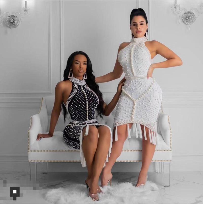 

Casual Dresses Summer Women Sexy High Neck Backless Strapless Rivet Tassel Strap White Black Bandage Dress 2022 Mesh Elegant Ladies Party