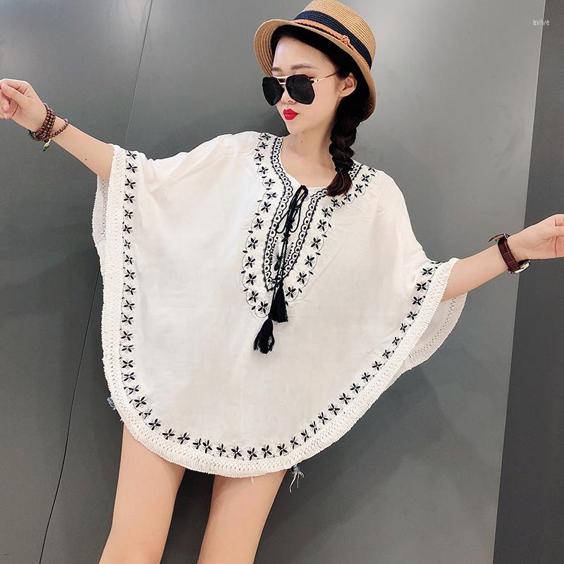 

Women's Blouses 2022 Summer Vintage Female Ethnic Mexican Floral Loose Shirt Tops Boho Batwing Women Embroidery Blouse Blusas Mujer, Black