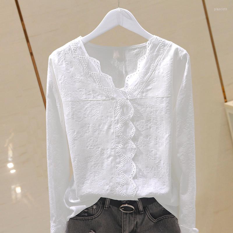 

Women's Blouses Lace Cotton Women Blouse 2022 Summer V-neck Long-sleeved Slim Solid Lady Elegant Pulls Tops Top Quality K2, Blue long sleeve
