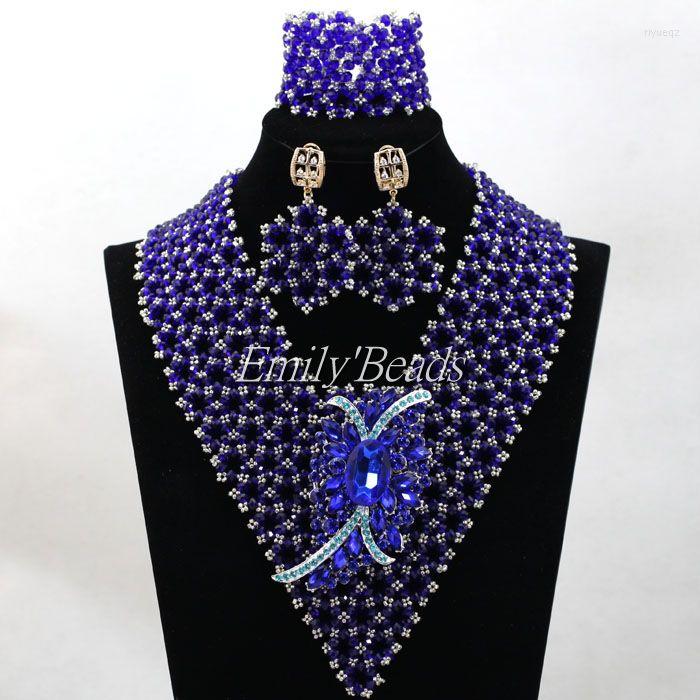 

Necklace Earrings Set Fashion African Wedding Bridal Bib Nigerian Costume Crystal Beads Jewelry Royal Blue ALJ390, Picture shown