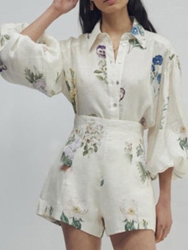 

Women' Tracksuits Women' Flower Print Puff Sleeves Shirt Shorts Suit Single Breasted Lady Blouse High Waist Straight Fresh Set 2022