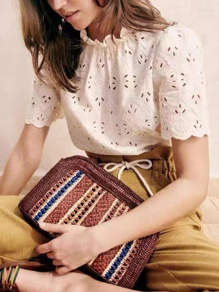 

Women' Blouses Women Ruffles Trim Stand Collar Blouse Elegant Frech Short Sleeve Ladies Flowers Embroidery Hollow Out Shirt