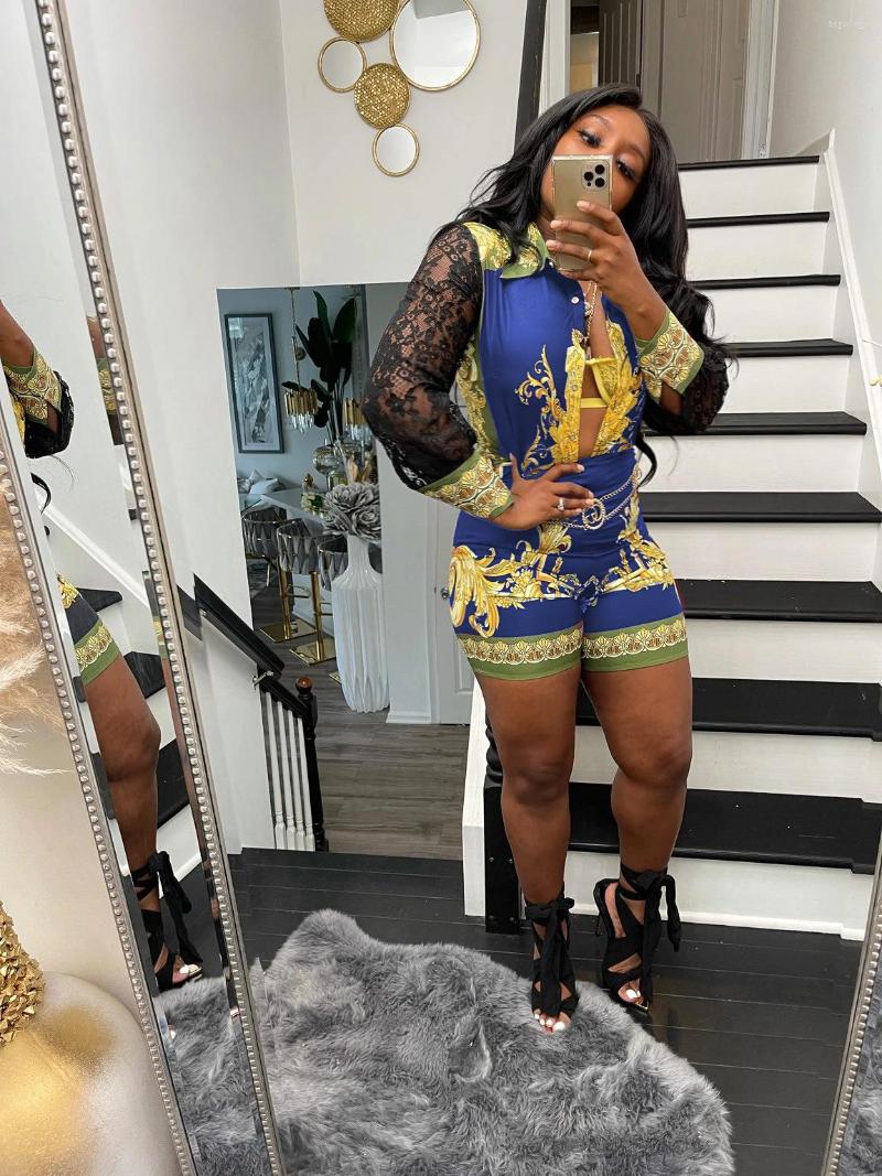 

Women' Tracksuits DPSDE 2022 Women Urban Fashion Print Lace Splicing Long Sleeve Lapel Single Breasted Shirt Shorts Two Piece Set, Black