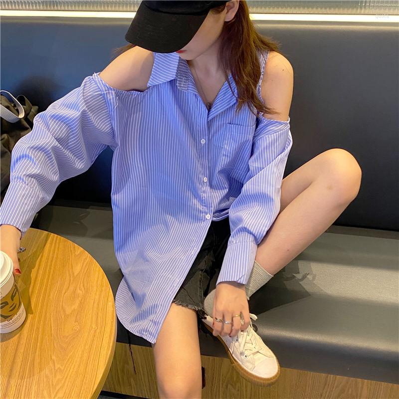 

Women's Blouses EWSFV 2022 Autumn Winter Loose Carefully Machine Shoulder Shirt Design Sense Niche Top Women Long Sleeve Blouse, Blue