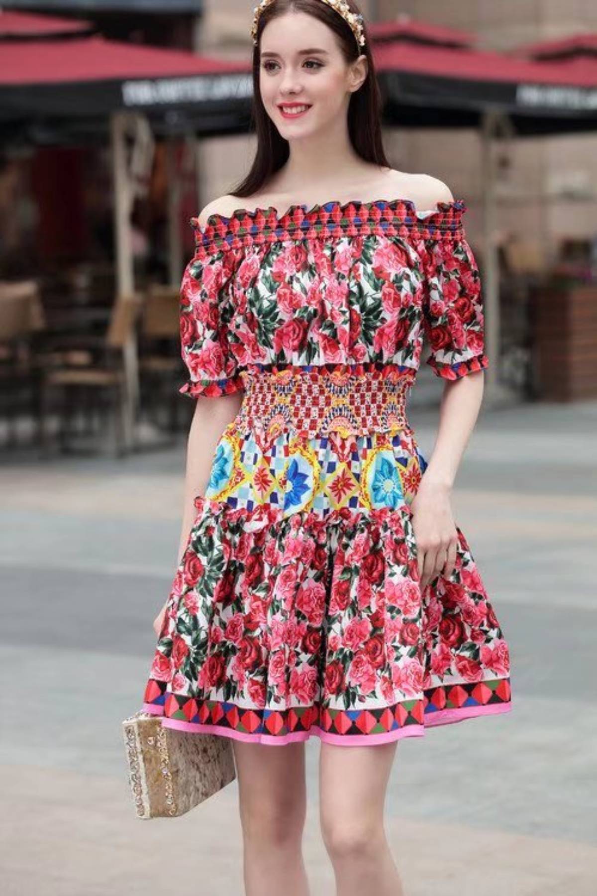 

Runway Dresses Dress European and American spring and summer show off shoulder loose waist rose print slim middle style Women's Clothing, Red