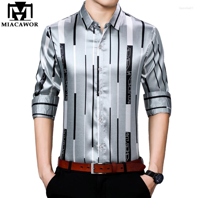 

Men's Casual Shirts MIACAWOR Silk Dress Shirt Spring Autumn Long Sleeve Male Striped Slim Fit Camisas Homme C704, Blue
