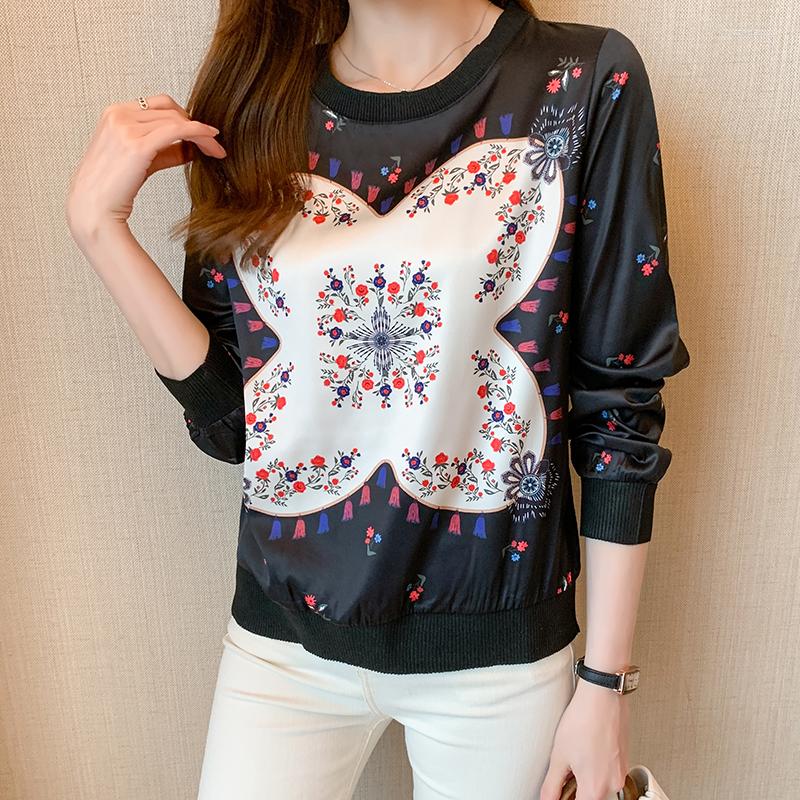 

Women' Blouses Blouse Women Autumn 2022 Casual Patchwork Knitting Print Long Sleeve Chiffon Thin Apricot Blusas Womens Tops And, Black