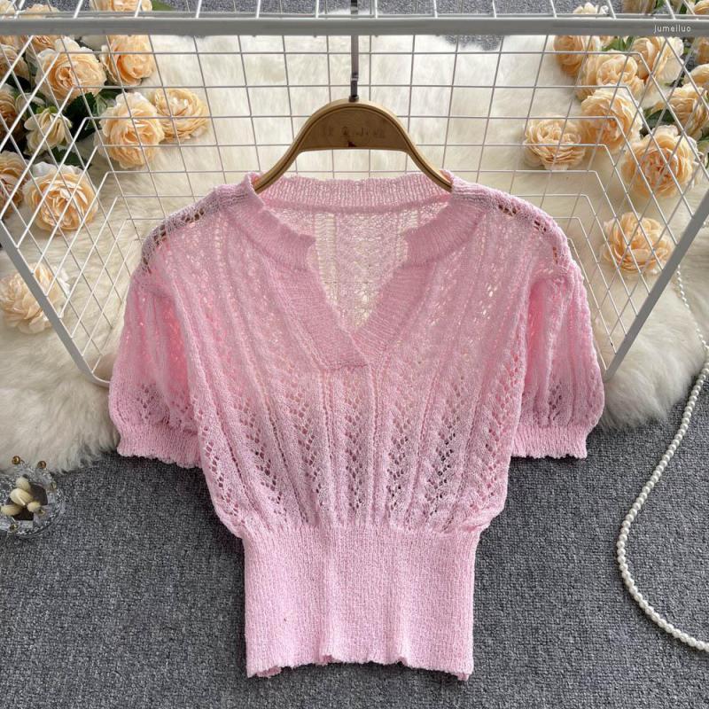 

Women's Polos Knitting Hollowed Out Summer Short Sleeve Tops Shirt 2022 Fashion Casual Solid Color Fold Slim Versatile Women Top Shirts