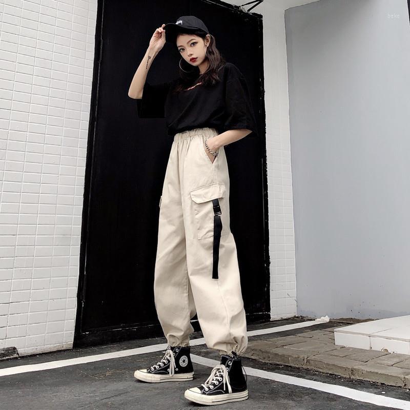 

Women' Pants Cargo Women BF Loose Big Pocket Hearm High Waist Female Trousers Legged Straight, Black