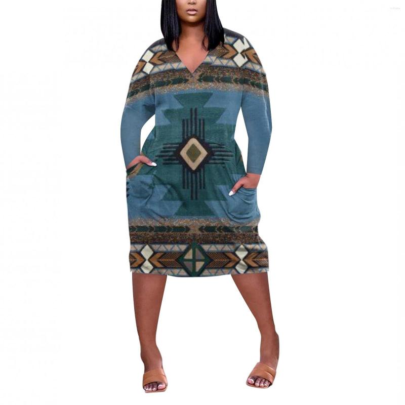 

Casual Dresses Women's Loose Plus Size V Neck Printed Long Sleeve Knee Pocket Dress Vestidos Femininos Elegant 2022, Navy