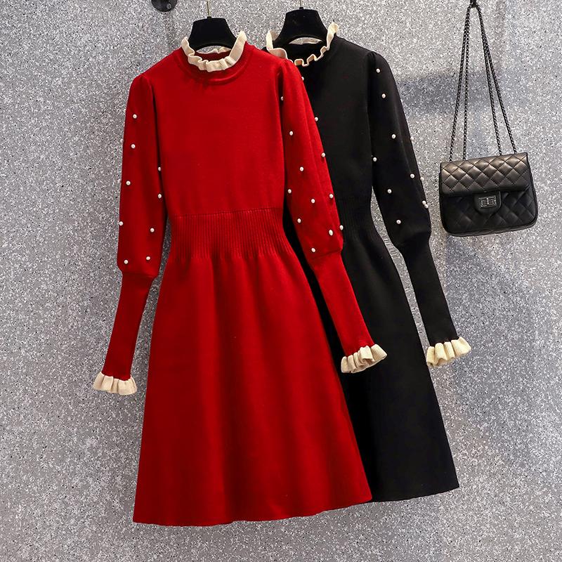 

Casual Dresses Vintage Women Ruffles Collar Sweater Autumn Winter Designer Beading Fashion Knitted Lantern Sleeve Dress, Picture color