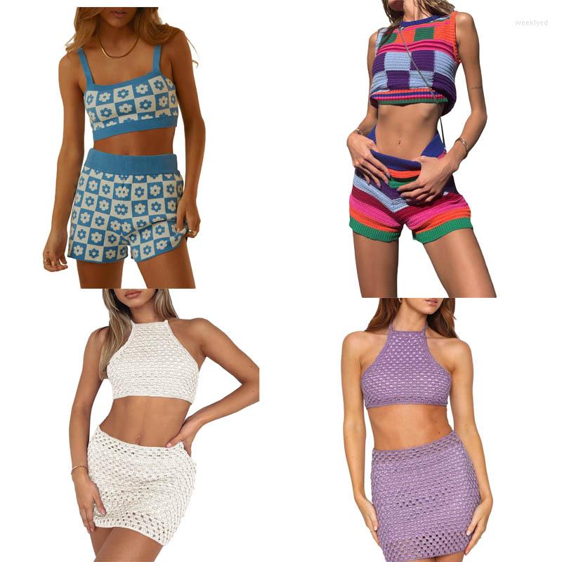 

Women's Tracksuits Y2k Harajuku Women Knitted Shorts Set Casual Plaid Vest With Elastic Waist Stripes Summer Outfit Party Club Streetwear