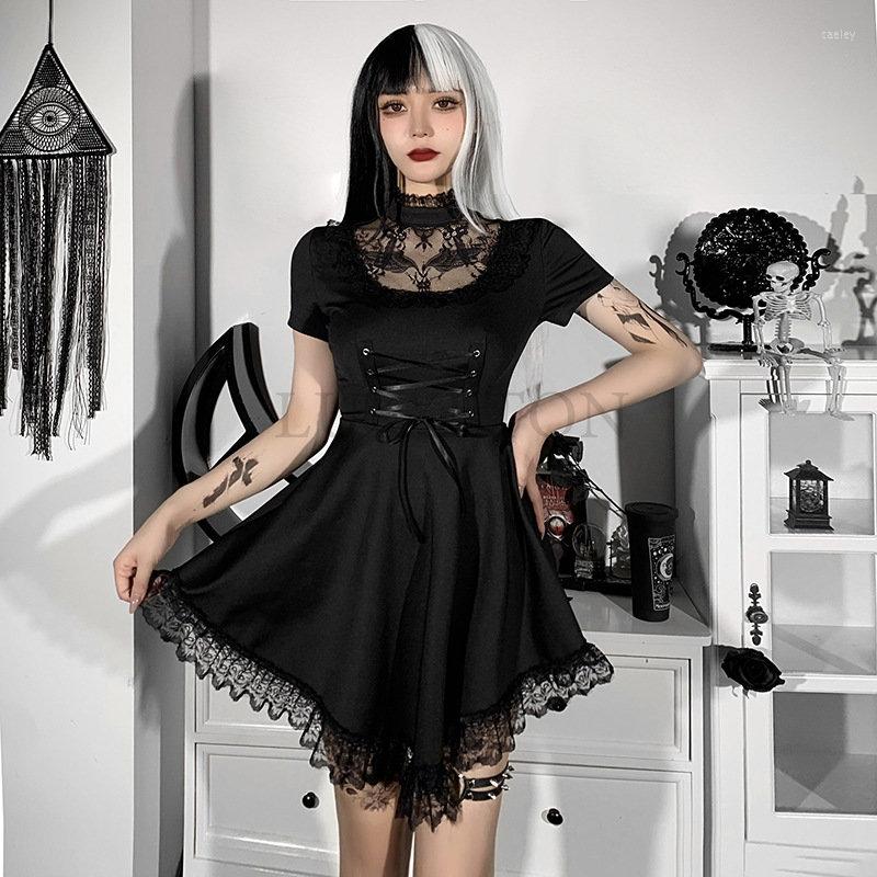 

Casual Dresses Women Dress Lace Trim High Waist Bodycon Mini Summer E-girl Vintage Punk Harajuku Lolita Clothes, Black
