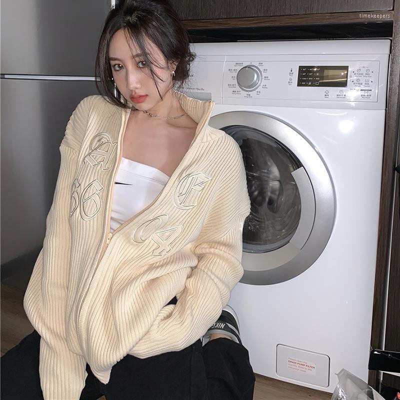 

Women' Knits Letter Embroidery Oversized Sweater Women Sweaters Zip-up Long Sleeve Loose Cardigan Korean Chic Knitwear Outerwear Y2k Tops, Black