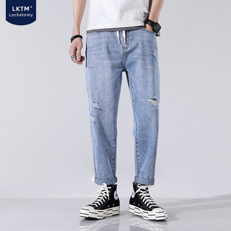 

Men's Jeans Summer Ripped Denim Male Korean Style Trendy Washed Light-Colored Loose Straight Elastic Waist Nine-Point Pants, Blue