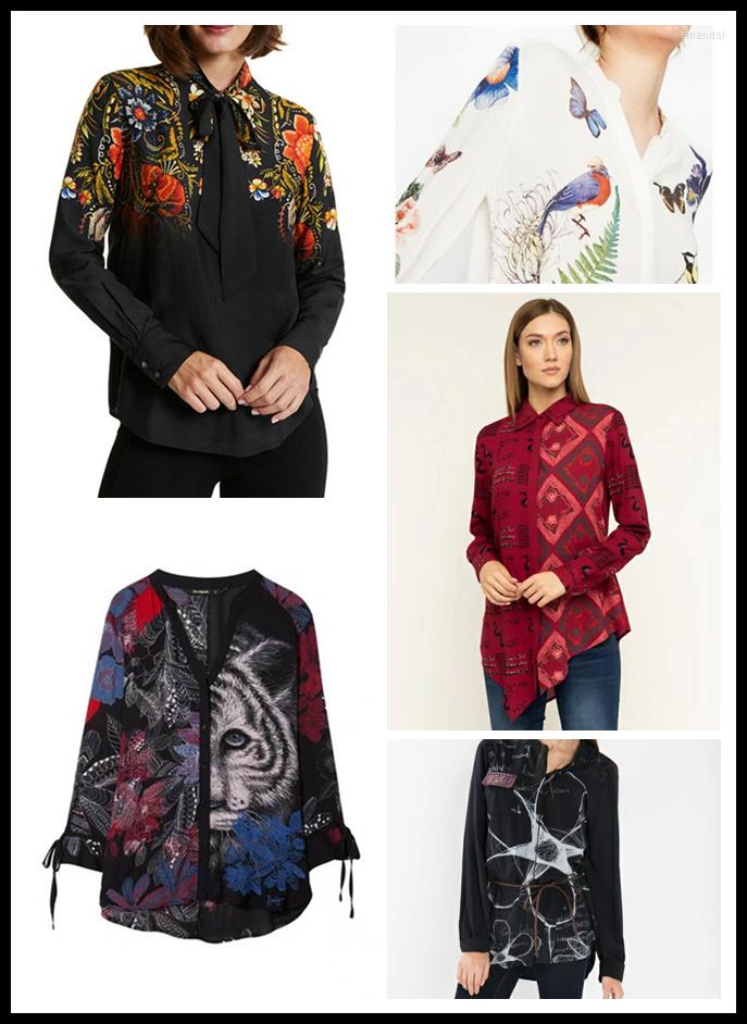 

Women' T Shirts Foreign Trade Spain Printing Fashion Casual Stand-up Collar Asymmetric Ladies Shirt, Ivory