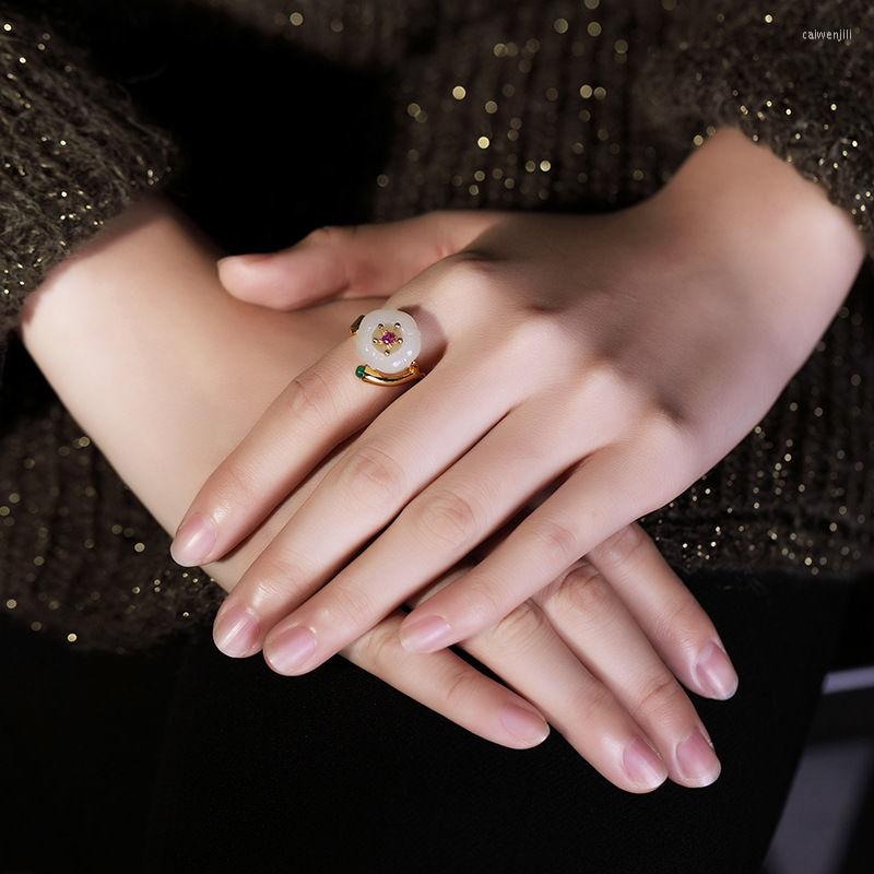 

Cluster Rings Natural Hetian Jade Flower Ring Female S925 Sterling Silver Inlaid White Begonia Retro Ethnic Style Gift