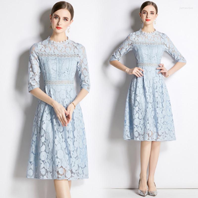 

Casual Dresses High Qulity Luxury Design Runway Women Round Neck Seven-Quarter Sleeves Hollow-Out Lace Dress, Sky blue