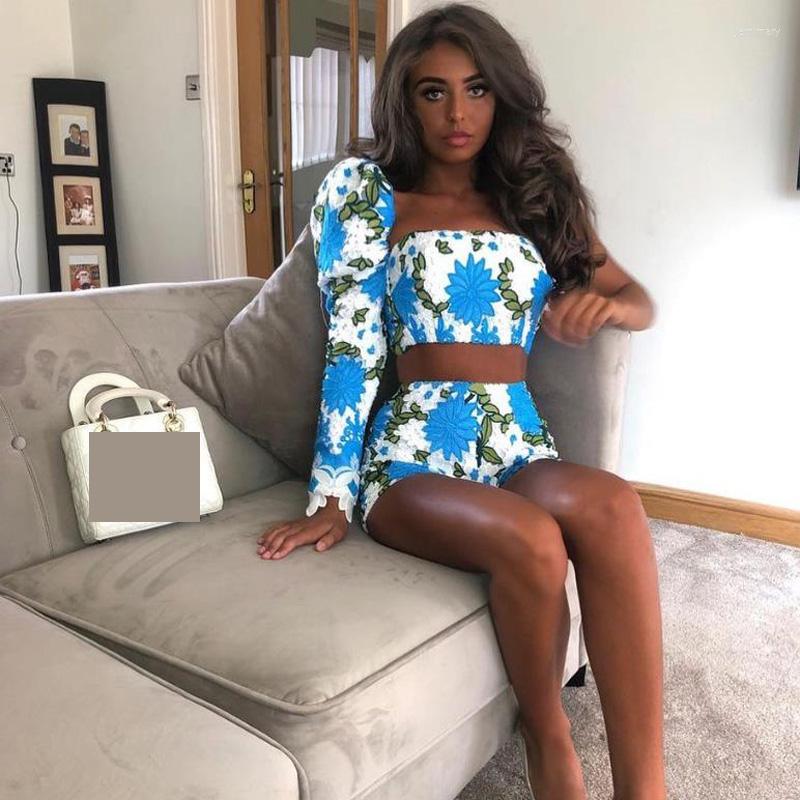 

Women' Tracksuits 2022 Spring Women Off The Shoulder Sexy Top And Shorts Lace Promo Lady Set, Blue
