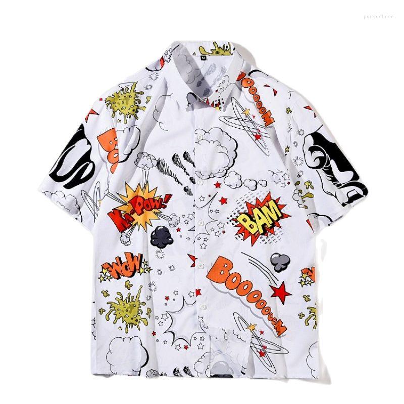 

Men's Casual Shirts 2022 Japan Style Graffiti Print White Harajuku Button Up Shirt Men Design Short Sleeve Korean Clothes For Teens Ropa De, Picture shown