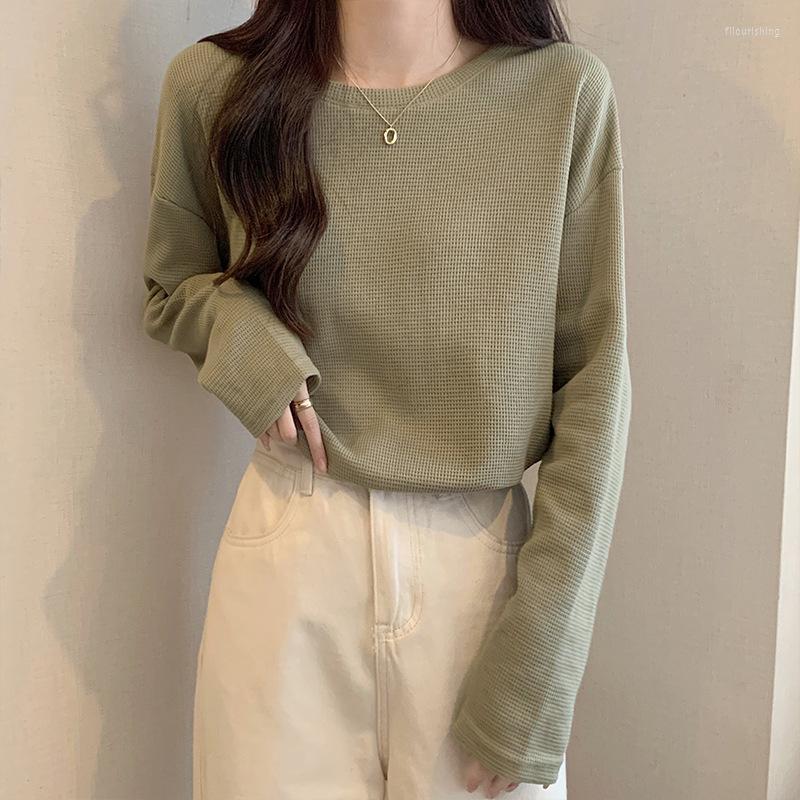 

Women' T Shirts Waffle Shirt Women O Neck Simple Solid Color Korean Fashion Tops Long Sleeve Tshirt Good Quality Soft Comfy Tees Drop, Beige